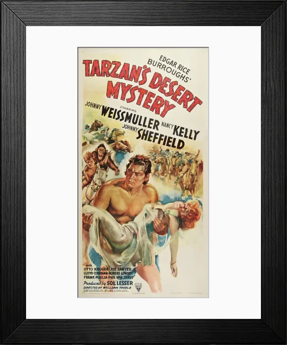 Framed Print : TARZAN'S DESERT MYSTERY, l-r: Johnny Sheffield, Cheetah, Johnny Weissmuller, Nancy Kelly on poster art, 1943