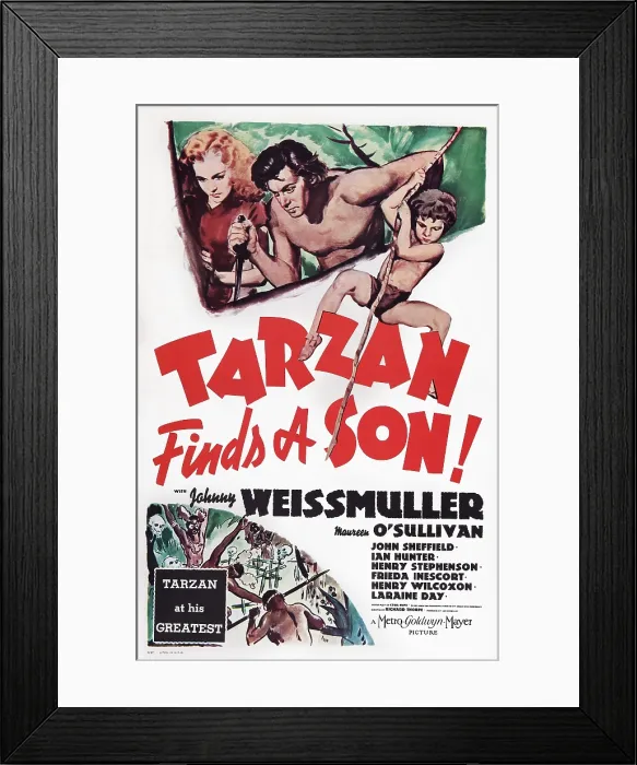 Framed Print : TARZAN FINDS A SON!, US poster art, from left: Maureen O'Sullivan, Johnny Weissmuller, Johnny Sheffield, 1939