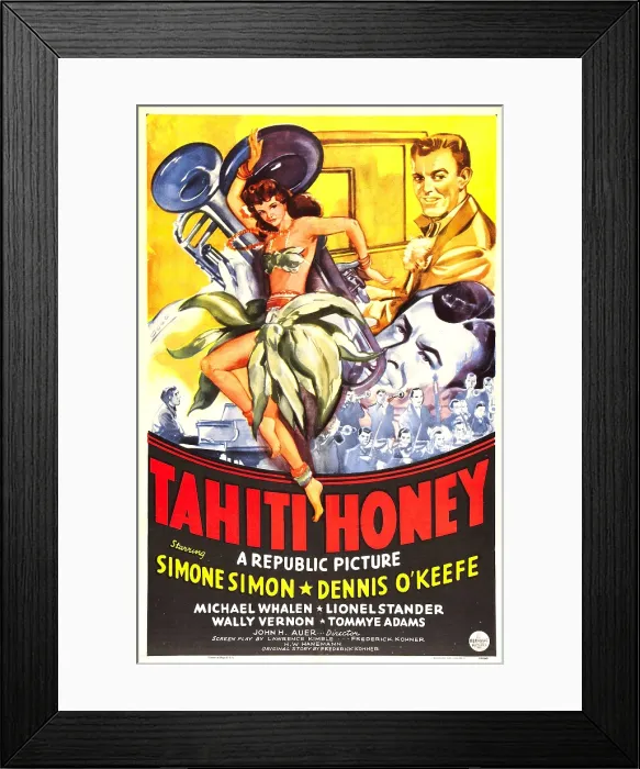 Framed Print : TAHITI HONEY, US poster, from left: Simone Simon, Michael Whalen, Dennis O'Keefe, 1943