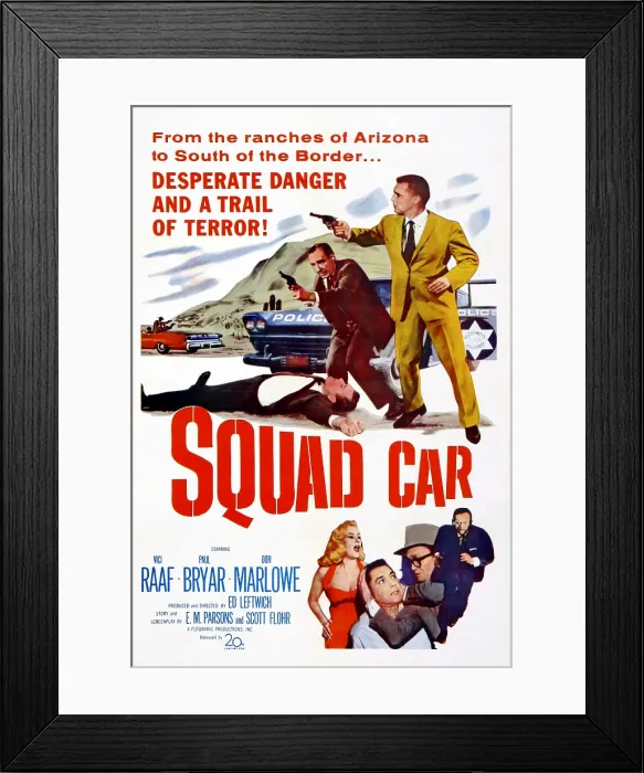 Framed Print : SQUAD CAR, center background, with gun drawn: Paul Bryar; top right, with gun drawn: Don Marlowe; bottom center, in red dress: Vicki Raaf (aka Vici Raaf), 1960 Framed Print : SQUAD CAR, center background, with gun drawn: Paul Bryar; top right, with gun drawn: Don Marlowe; bottom center, in red dress: Vicki Raaf (aka Vici Raaf), 1960