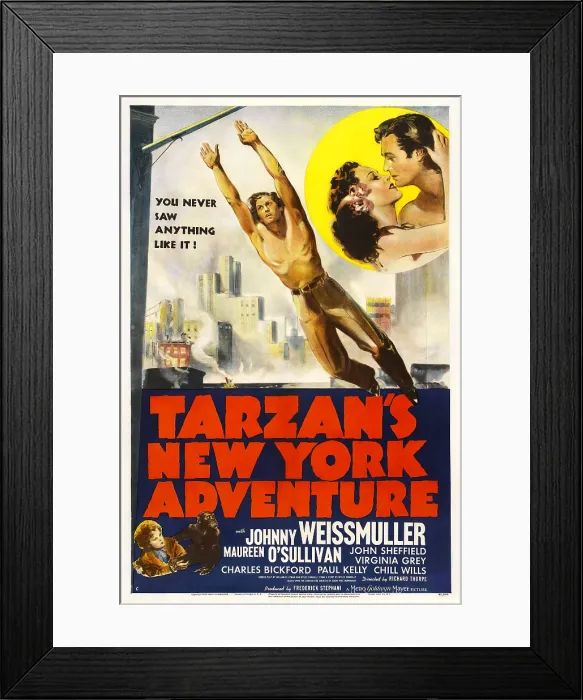 Framed Print : TARZAN'S NEW YORK ADVENTURE, bottom left: Johnny Sheffield, center: Johnny Weissmuller, upper right from left: Maureen O'Sullivan, Johnny Weissmuller, 1942 Framed Print : TARZAN'S NEW YORK ADVENTURE, bottom left: Johnny Sheffield, center: Johnny Weissmuller, upper right from left: Maureen O'Sullivan, Johnny Weissmuller, 1942