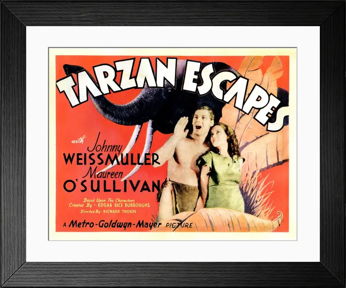 Framed Print : TARZAN ESCAPES, lobbycard, from left: Johnny Weissmuller, Maureen O'Sullivan, 1936