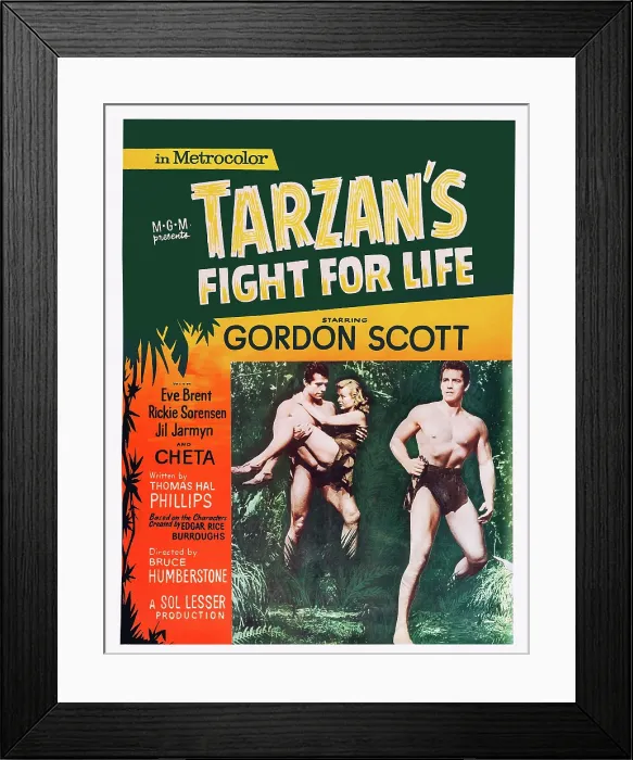 Framed Print : TARZAN'S FIGHT FOR LIFE, US poster art, left and right: Gordon Scott; center: Eve Brent, 1958