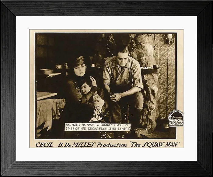 Framed Print : THE SQUAW MAN, l-r: Katherien MacDonald, Pat Moore, Elliott Dexter on lobbycard, 1914