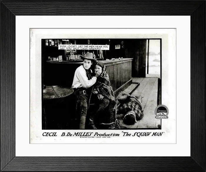 Framed Print : THE SQUAW MAN, l-r: Elliott Dexter, Ann Little, Jack Holt on lobbycard, 1918