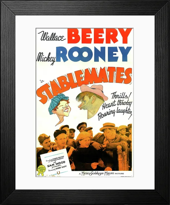 Framed Print : STABLEMATES, US poster art, top from left: Mickey Rooney, Wallace Beery; bottom: Mickey Rooney (sideways cap, dark shirt), Wallace Beery (flat hat, arm on fence), 1938