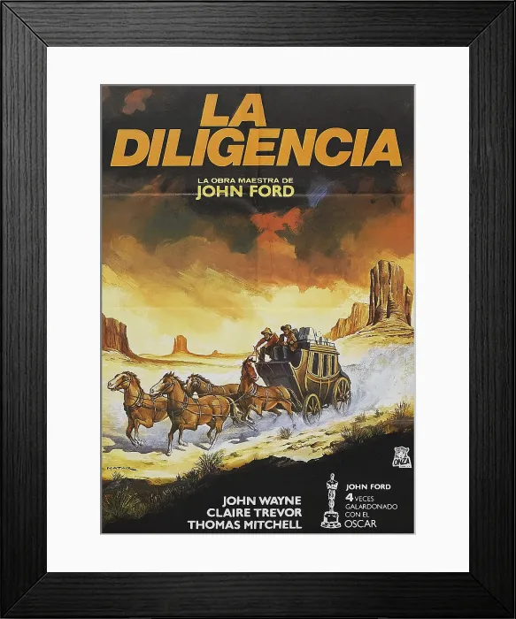 Framed Print : STAGECOACH, (aka LA DILIGENCIA), 1960s rerelease Spanish poster art, 1939