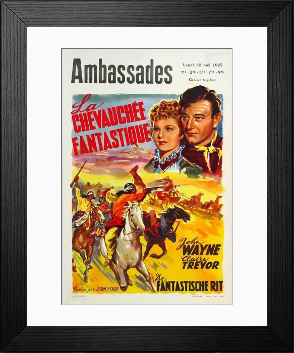 Framed Print : STAGECOACH, (aka LA CHEVAUCHEE FANTASTIQUE), l-r: Claire Trevor, John Wayne on Belgian poster art, 1939 Framed Print : STAGECOACH, (aka LA CHEVAUCHEE FANTASTIQUE), l-r: Claire Trevor, John Wayne on Belgian poster art, 1939