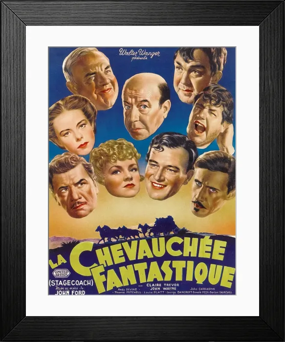 Framed Print : STAGECOACH, (aka LA CHEVAUCHEE FANTASRIQUE), bottom from left: George Bancroft, Claire Trevor, John Wayne, John Carradine, center from left: Louise Platt, Donald Meek