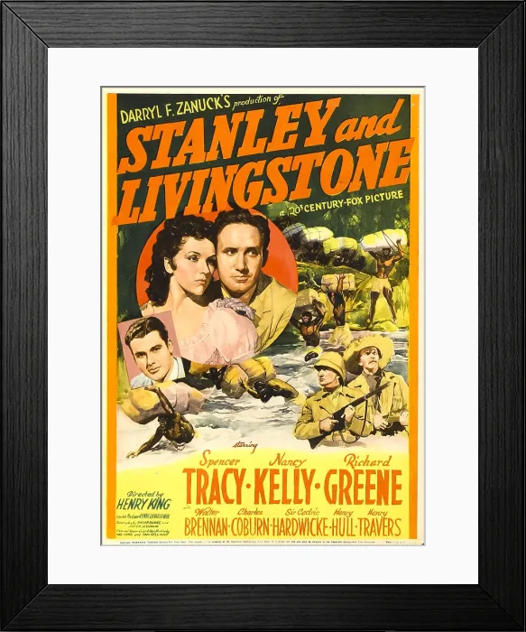 Framed Print : STANLEY AND LIVINGSTONE, from left: Richard Greene, Nancy Kelly, Spencer Tracy on midget window card, 1939, TM and Copyright 20th Century Fox Film Corp