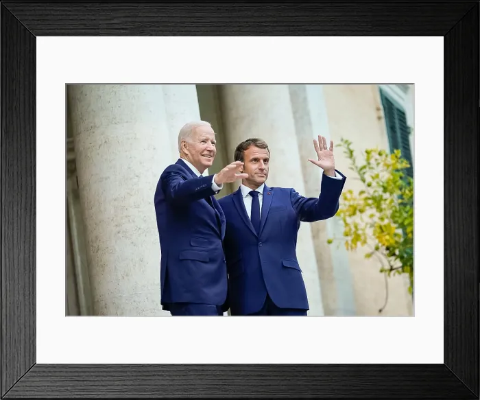 Framed Print : President Joe Biden meets with French President Emmanuel Macron on Friday, October 29, 2021, at Villa Bonaparte in Rome