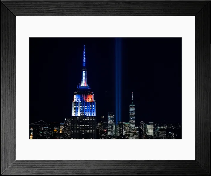 Framed Print : Tribute in Light of two vertical columns of light echo the Twin Towers of the World Trade Center destroyed in the Al-Qaeda terrorists on September 11, 2001 Framed Print : Tribute in Light of two vertical columns of light echo the Twin Towers of the World Trade Center destroyed in the Al-Qaeda terrorists on September 11, 2001