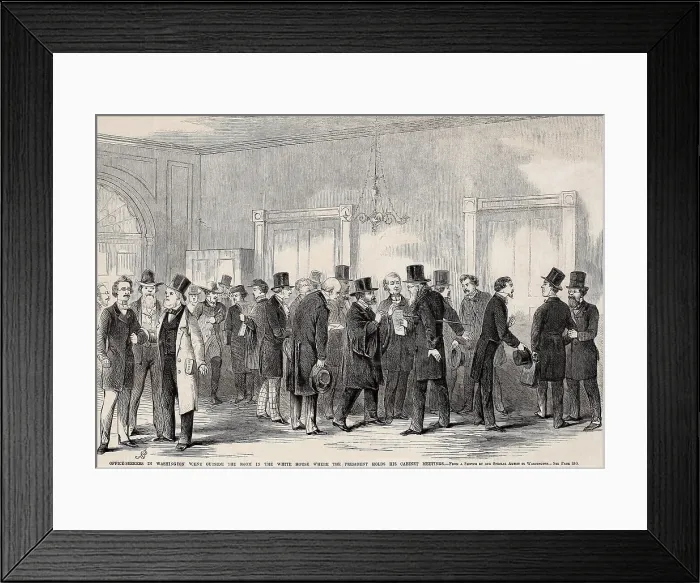 Framed Print : Office Seekers gather outside the White House room where President Lincoln met with his Cabinet, in March 1861 Framed Print : Office Seekers gather outside the White House room where President Lincoln met with his Cabinet, in March 1861