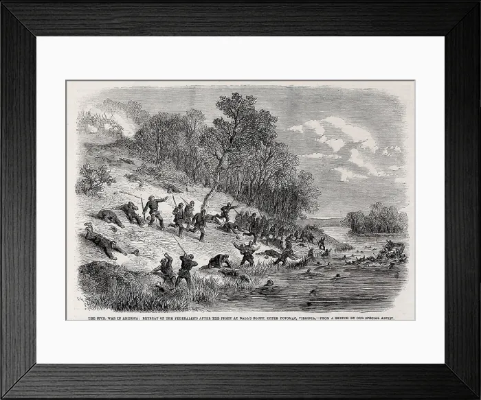 Framed Print : Disastrous retreat of the Union soldiers after the fight at Ball's Bluff, upper Potomac, Virginia, October 21, 1861 Framed Print : Disastrous retreat of the Union soldiers after the fight at Ball's Bluff, upper Potomac, Virginia, October 21, 1861