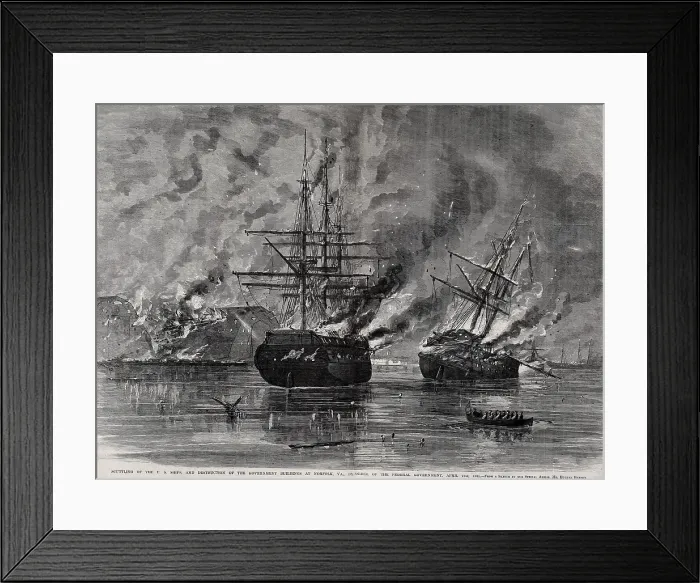 Framed Print : Burning and scuttling of US Ships and buildings at US Navy's Gosport Shipyard, at Norfolk, VA, April 21, 1861. In spite of the fire, Confederates gained 1200 heavy cannons