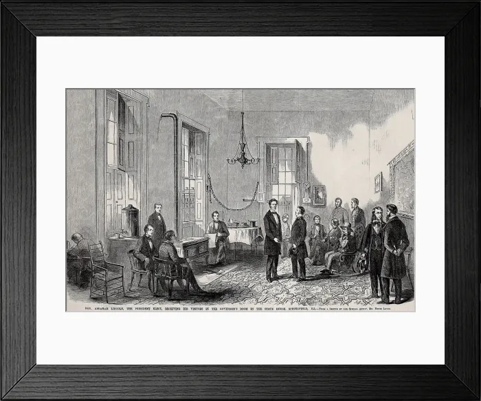 Framed Print : Abraham Lincoln, the President-elect, receiving his visitors in the Governor's room of the State House, Springfield, Illinois