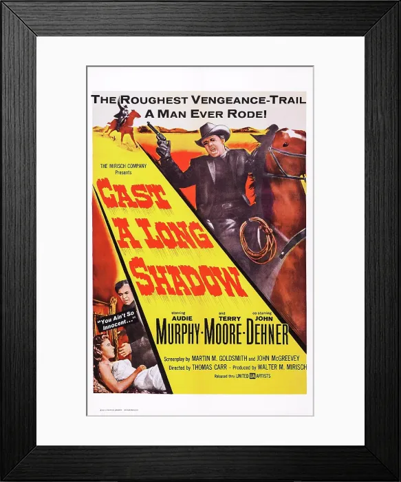 Framed Print : CAST A LONG SHADOW, US poster art, top: Audie Murphy; bottom: Terry Moore, Audie Murphy, 1959 Framed Print : CAST A LONG SHADOW, US poster art, top: Audie Murphy; bottom: Terry Moore, Audie Murphy, 1959