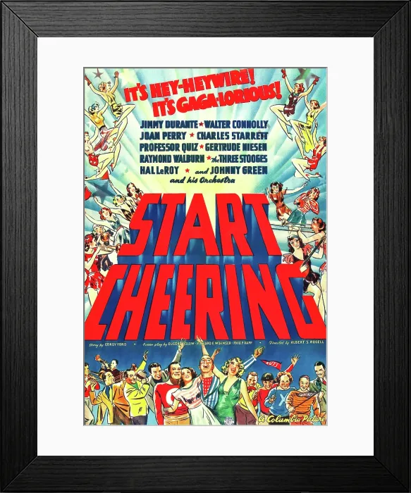 Framed Print : START CHEERING, US poster art, bottom from left, starting with Romo Vincent (yellow jacket), Johnny Green, Charles Starrett, Joan Perry, Jimmy Durante, Gertrude Niesen