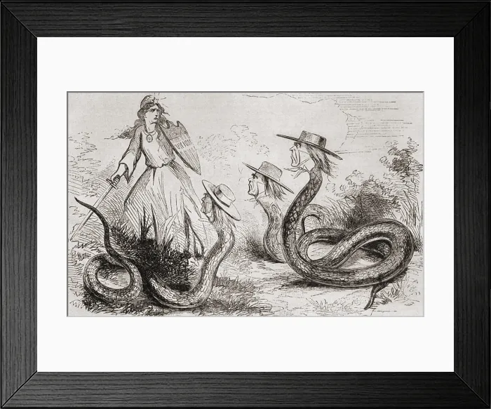 Framed Print : Northern cartoon of 1863 shows the Union threatened by political reptiles wearing hats of Midwest Democratic Congressmen