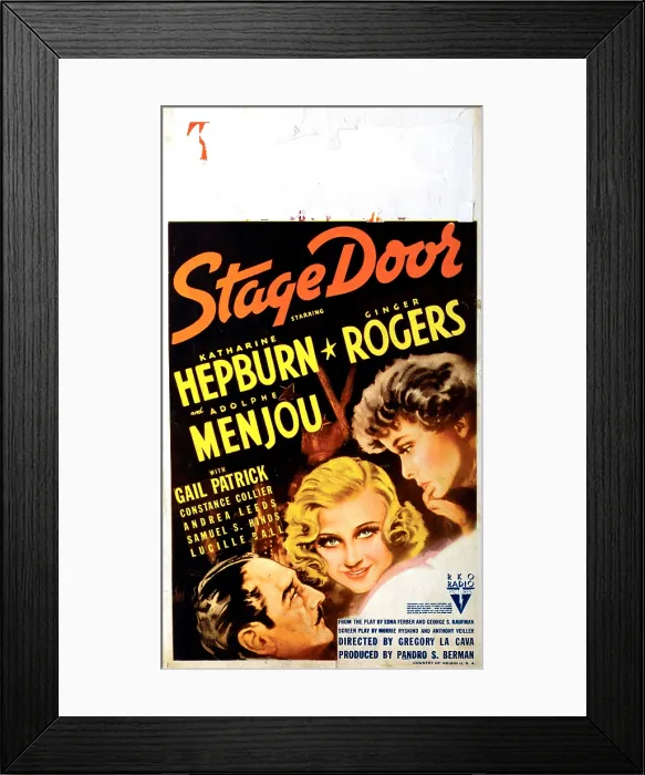 Framed Print : STAGE DOOR, US poster, from left: Adolphe Menjou, Ginger Rogers, Katharine Hepburn on midget window card, 1937