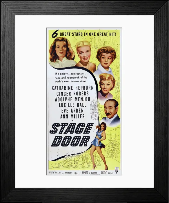 Framed Print : STAGE DOOR, US poster for 1963 re-issue), from left: Katharine Hepburn, Ginger Rogers, Lucille Ball, Eve Arden, Adolphe Menjou, Ann Miller, 1937