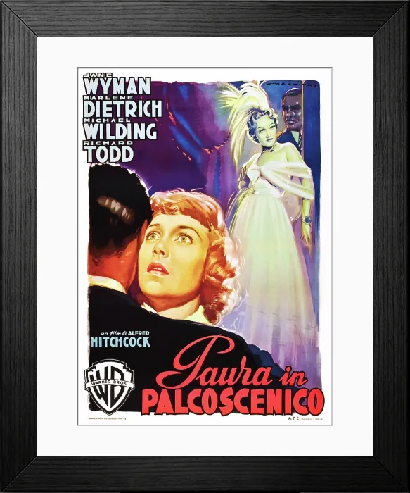 Framed Print : STAGE FRIGHT (aka PAURA IN PALCOSCENICO), Jane Wyman, Marlene Dietrich, (Italina poster art), 1950