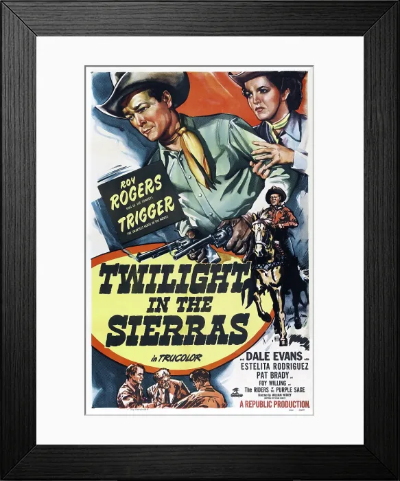 Framed Print : TWILIGHT IN THE SIERRAS, US poster, top from left: Roy Rogers, Dale Evans, bottom right: Trigger the horse with Roy riding him, 1950