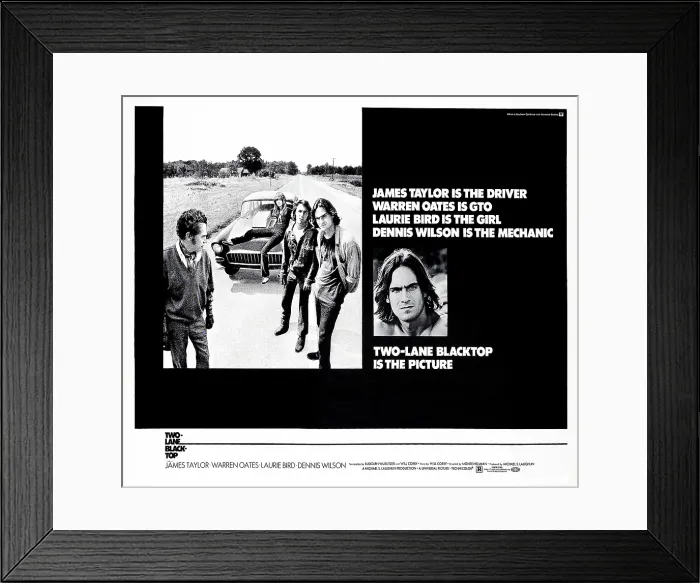 Framed Print : TWO-LANE BLACKTOP, inset left: Warren Oates, Laurie Bird, Dennis Wilson, James Taylor, far right: James Taylor, 1971 Framed Print : TWO-LANE BLACKTOP, inset left: Warren Oates, Laurie Bird, Dennis Wilson, James Taylor, far right: James Taylor, 1971