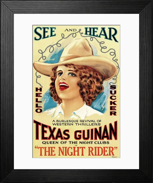 Framed Print : THE NIGHT RIDER, Texas Guinan, 1920, poster for late 1920s re-release