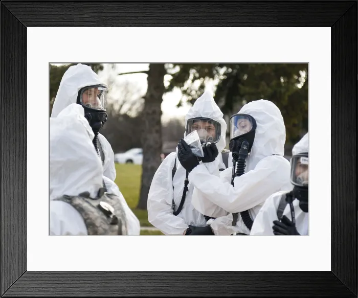 Framed Print : Protected by specialized hazard gear, Wisconsin National Guardsmen prepare for testing at Sunny Ridge Nursing and Rehabilitation Center in Sheboygan, Wisconsin, April 5 Framed Print : Protected by specialized hazard gear, Wisconsin National Guardsmen prepare for testing at Sunny Ridge Nursing and Rehabilitation Center in Sheboygan, Wisconsin, April 5