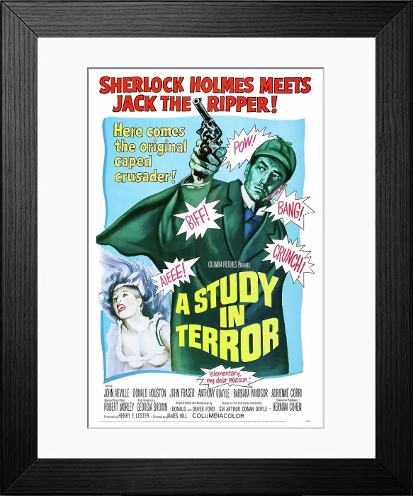 Framed Print : A STUDY IN TERROR, (aka SHERLOCK HOLMES IN A STUDY IN TERROR, aka FOG), top: John Neville on poster art, 1965 Framed Print : A STUDY IN TERROR, (aka SHERLOCK HOLMES IN A STUDY IN TERROR, aka FOG), top: John Neville on poster art, 1965
