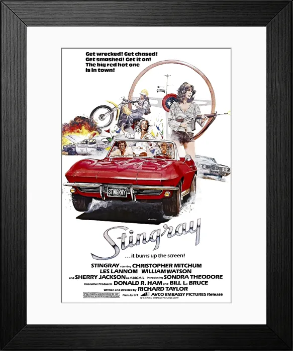 Framed Print : STINGRAY, in car from left: Les Lannom, Sondra Theodore, Christopher Mitchum, Sherry Jackson (right), 1978, Avco Embassy / courtesy Everett Collection