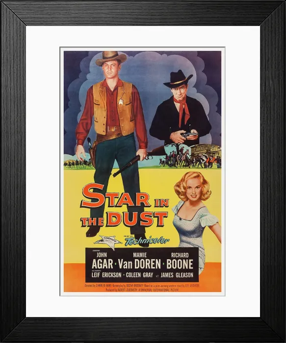 Framed Print : STAR IN THE DUST, US poster art, clockwise from left: John Agar, Richard Boone, Mamie Van Doren, 1956
