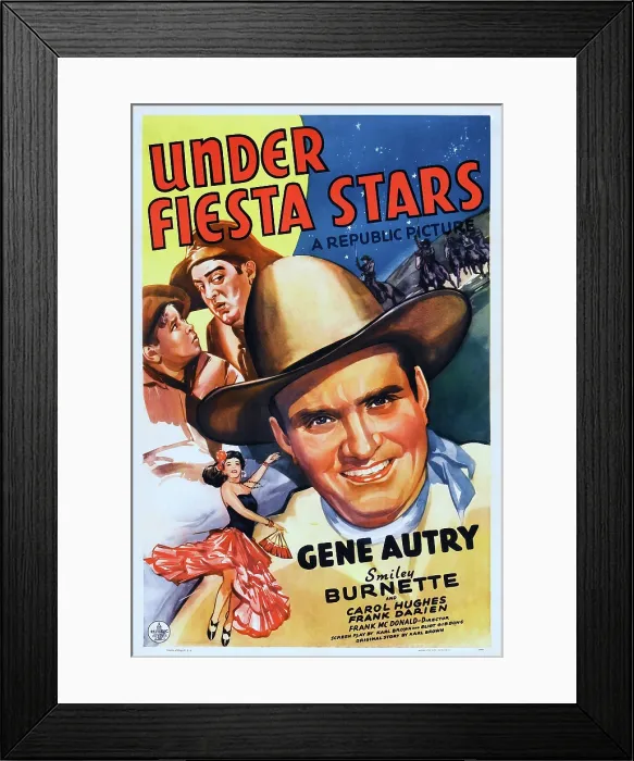 Framed Print : UNDER FIESTA STARS, US poster art, from left: Frank Darien, Smiley Burnette, Gene Autry, bottom front: Carol Hughes, 1941