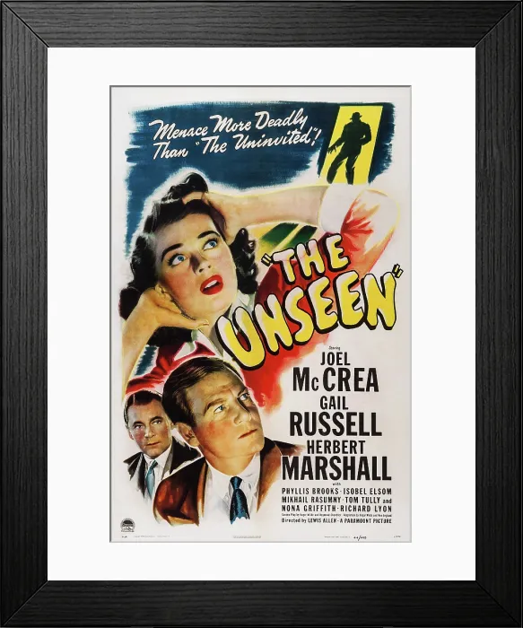 Framed Print : THE UNSEEN, US poster art, top: Gail Russell, bottom from left: Herbert Marshall, Joel McCrea, 1945