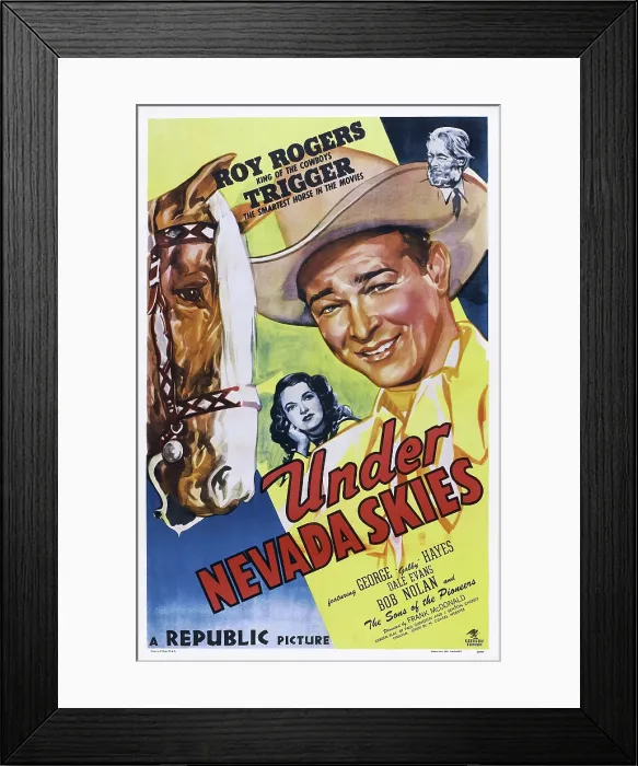 Framed Print : UNDER NEVADA SKIES, US poster art, from left: Trigger, Dale Evans, Roy Rogers, George Gabby Hayes, 1946