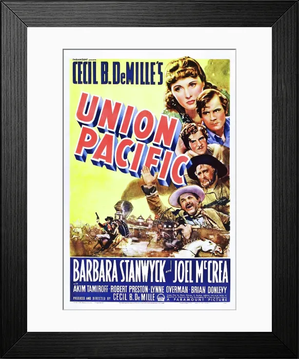 Framed Print : UNION PACIFIC, from top: Barbara Stanwyck, Joel McCrea, Robert Preston, Lynne Overman, Akim Tamiroff, 1939
