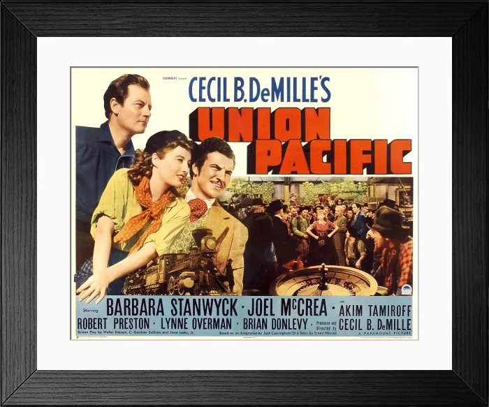 Framed Print : UNION PACIFIC, from left: Joel McCrea, Barbara Stanwyck, Robert Preston, 1939
