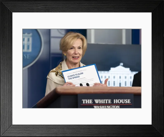 Framed Print : Dr. Deborah Birx, White House Coronavirus Task Force Response Coordinator, holds a copy of coronavirus guidelines, March 23, 2020