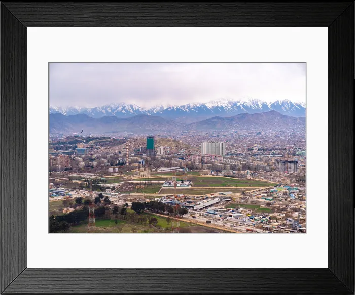 Framed Print : View of Kabul, the capital city of Afghanistan. The photo was taken by a US government photographer traveling by helicopter with Secretary of State Michael Pompeo, March 23, 2020