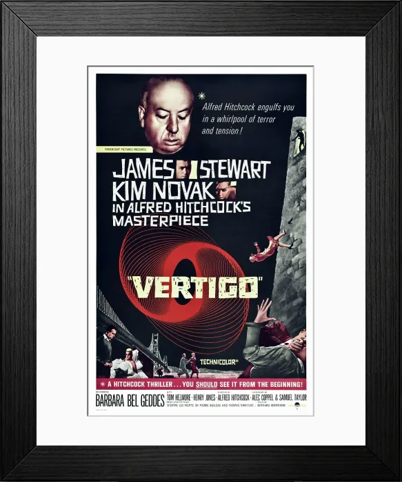 Framed Print : VERTIGO, US poster art, from top: Alfred Hitchcock, James Stewart, Kim Novak, 1958