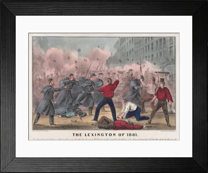 Framed Print : THE LEXINGTON OF 1861. Popular political print depicts soldiers of 6th Regiment of the Massachusetts Volunteers fighting with pro-secessionist Baltimore mob on April 19, 1861 Framed Print : THE LEXINGTON OF 1861. Popular political print depicts soldiers of 6th Regiment of the Massachusetts Volunteers fighting with pro-secessionist Baltimore mob on April 19, 1861