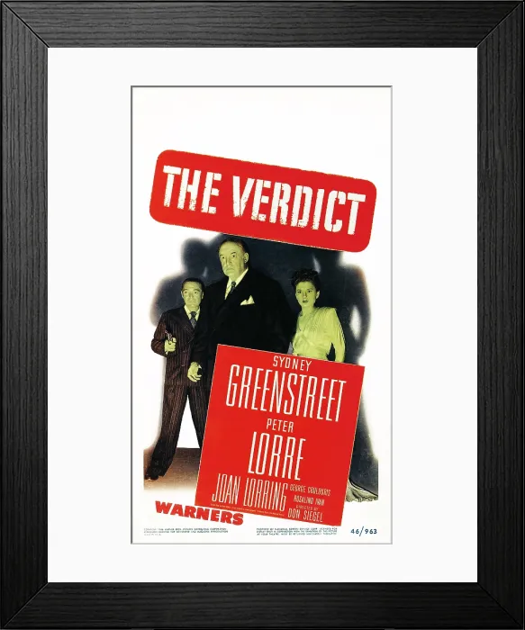 Framed Print : THE VERDICT, US poster art, from left: Peter Lorre, Sydney Greenstreet, Joan Lorring, 1946