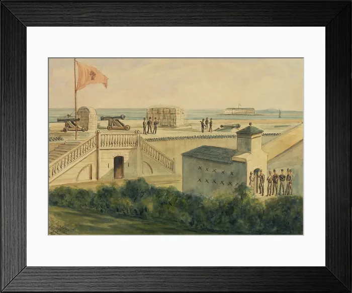 Framed Print : Fort Moultrie, in Charleston Harbor South Carolina, as it appeared around 1861. On lower right, soldiers pass a sentry. Above, soldiers maintain a watch near the cannons