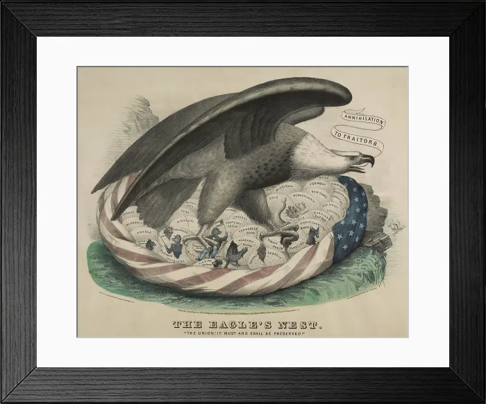 Framed Print : THE EAGLE'S NEST THE UNION'. IT MUST AND SHALL BE PRESERVED, 1861. In an American flag nest, a bald eagle protects 34 eggs representing the US states