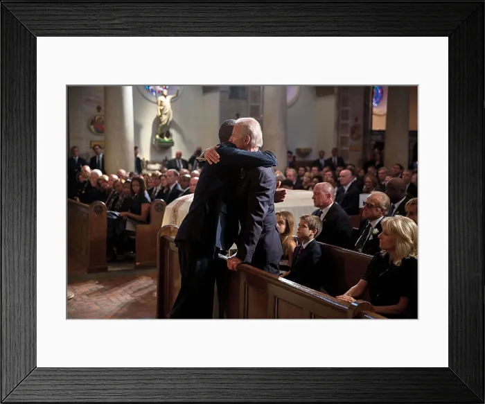 Framed Print : President Obama hugs Vice President Joe Biden after delivering a eulogy at Beau Bidens funeral mass. St Framed Print : President Obama hugs Vice President Joe Biden after delivering a eulogy at Beau Bidens funeral mass. St