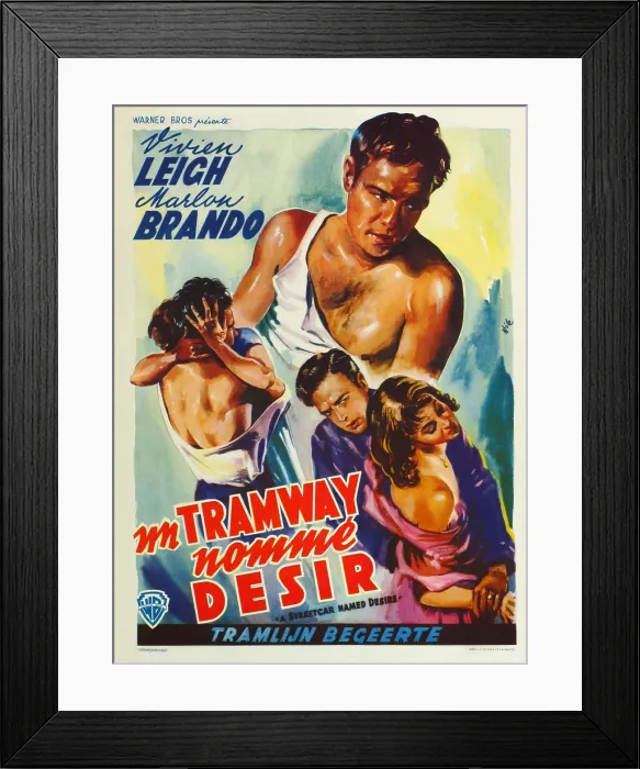 Framed Print : A STREETCAR NAMED DESIRE, (aka UN TRAMWAY NOMME DESIR), top: Marlon Brando, bottom l-r: Marlon Brando, Vivien Leigh on Belgian poster art, 1951
