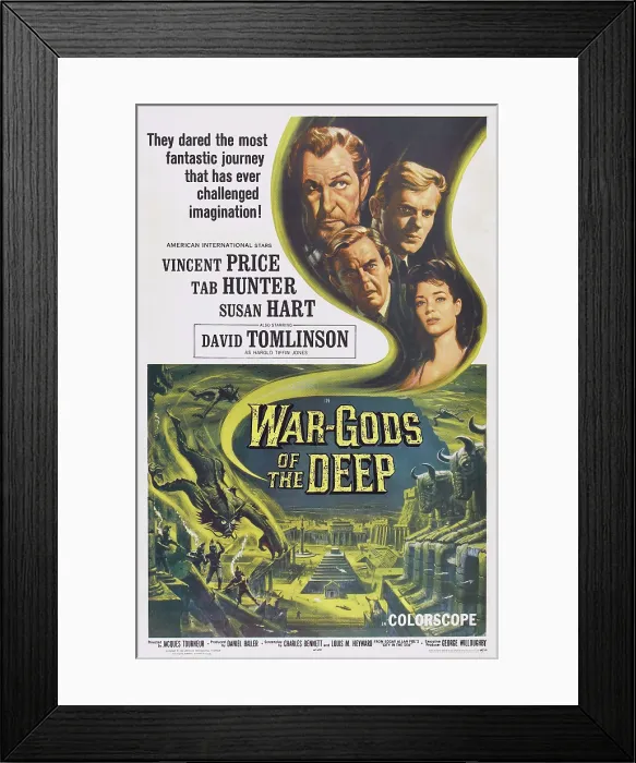 Framed Print : WAR-GODS OF THE DEEP, (aka THE CITY UNDER THE SEA), US poster art, clockwise from top left: Vincent Price, Tab Hunter, Susan Hart, David Tomlinson, 1965