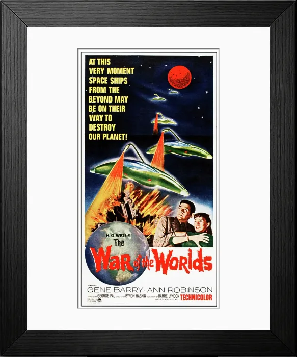 Framed Print : THE WAR OF THE WORLDS, bottom from left: Gene Barry, Ann Robinson on 1965 poster art, 1953 Framed Print : THE WAR OF THE WORLDS, bottom from left: Gene Barry, Ann Robinson on 1965 poster art, 1953