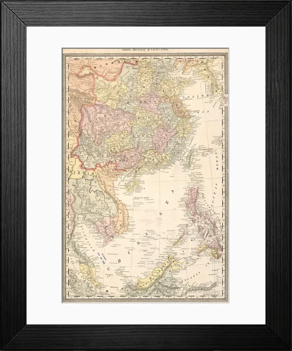 Framed Print : Map of South China Sea in 1885, has coastlines on several East Asian nations, and European occupied territories: Dutch West Indies (now Indonesia), British ruled Malaysia